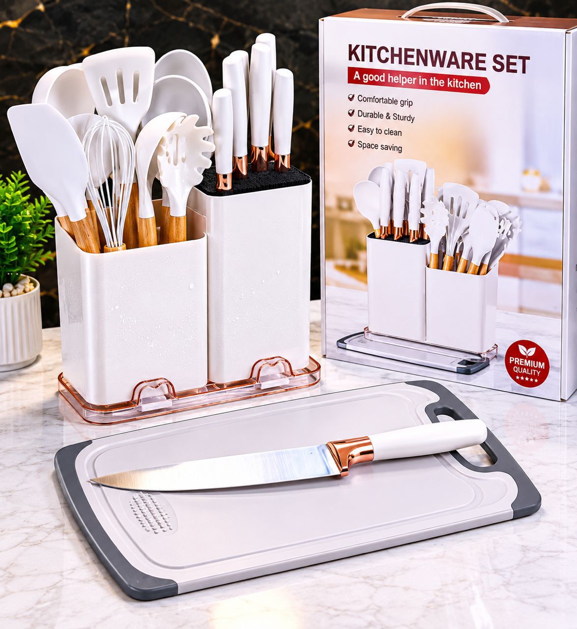 Set d'Ustensiles de Cuisine Complet avec Planche et Couteaux (20 Pièces)